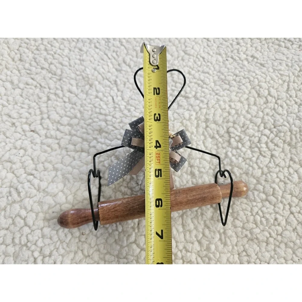 Vintage Wood Rolling Pin & Wire Hanger Holder 3 Hearts Cottage Core Granny Core